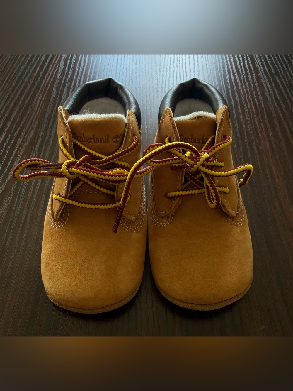 Timberland Size 3 Tan Suede Lace-Up Boots with Yellow & Burgundy Laces